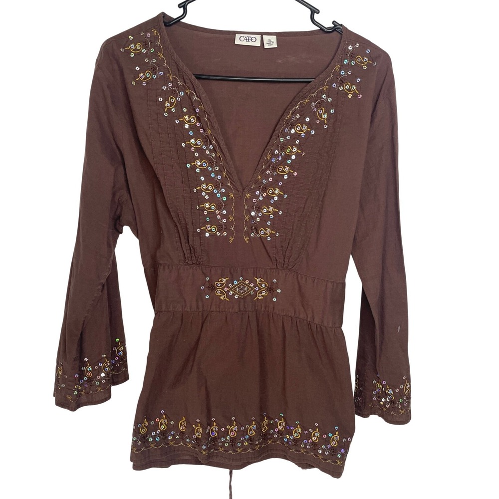 Womens Brown Tunic Top Sequin Embroidered Tie Waist XL Boho Peasant Festival